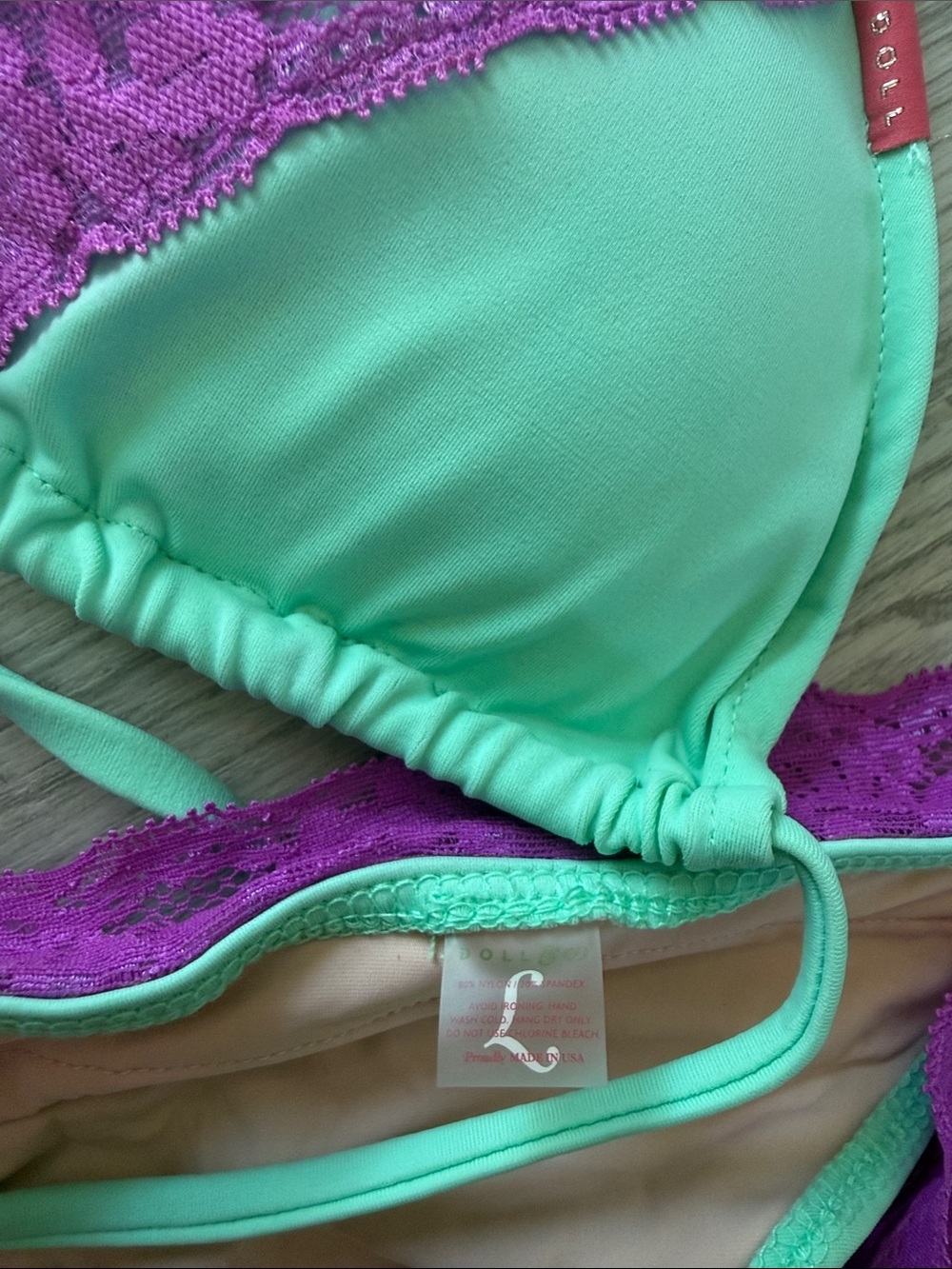Mint Green Triangle Bikini Top with Purple Lace Accents - Picture 3 of 4